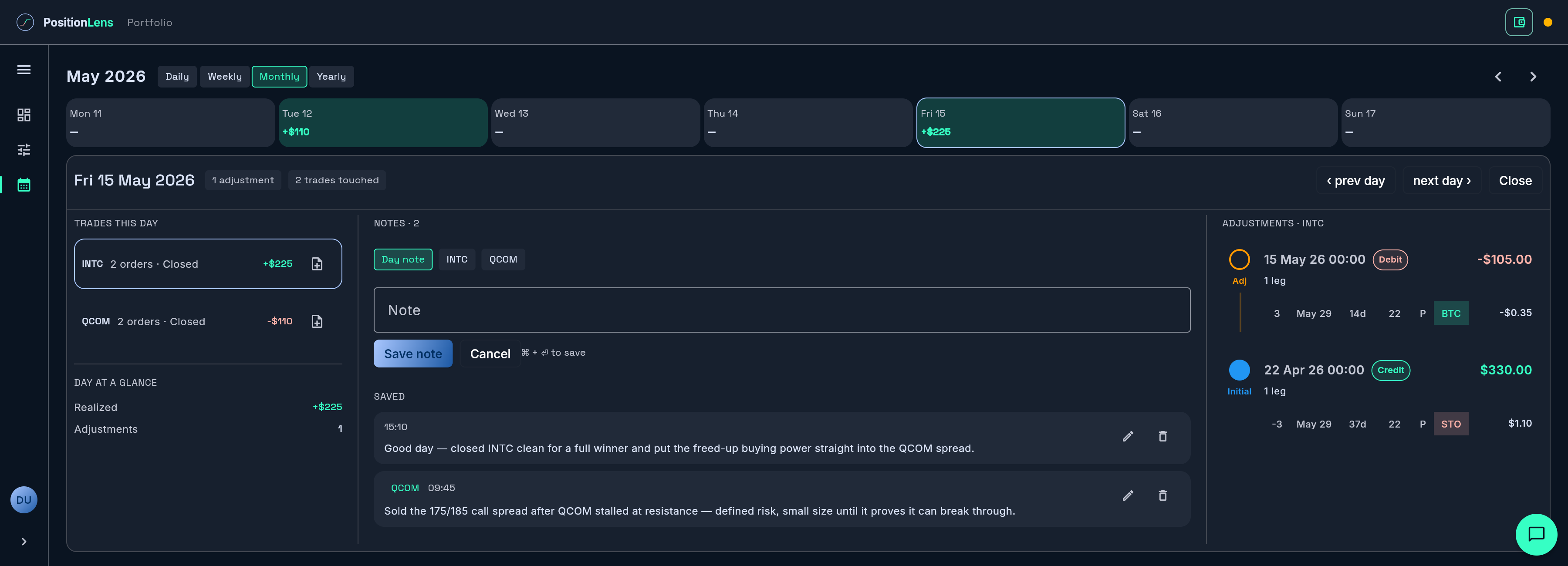 Position Lens journal day sheet for Fri 15 May 2026: the day's INTC and QCOM trades, two saved notes scoped to the day and to QCOM, and the full adjustment history side by side, under a Mon–Sun week strip